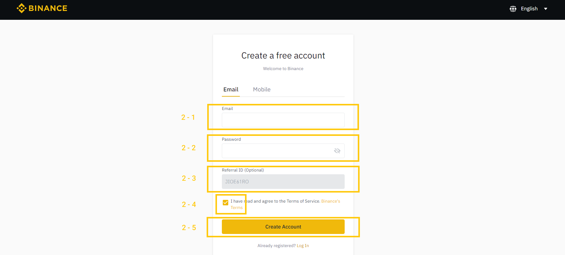 صفحه فرم ثبت‌نام صرافی ارز دیجیتال بایننس